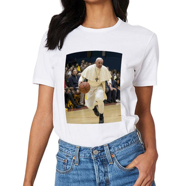 Inkmay Casual Cotton T-shirt Pope Playing Basketball In White Robes Unisex T-shirtSport BasicSeries T-Shirt