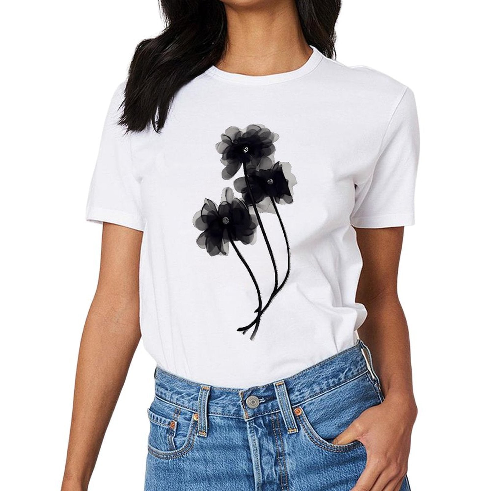Inkmay Casual Cotton T-shirt Elegant Black And White Floral Design Unisex T-shirtRecycled Urban T-Shirt