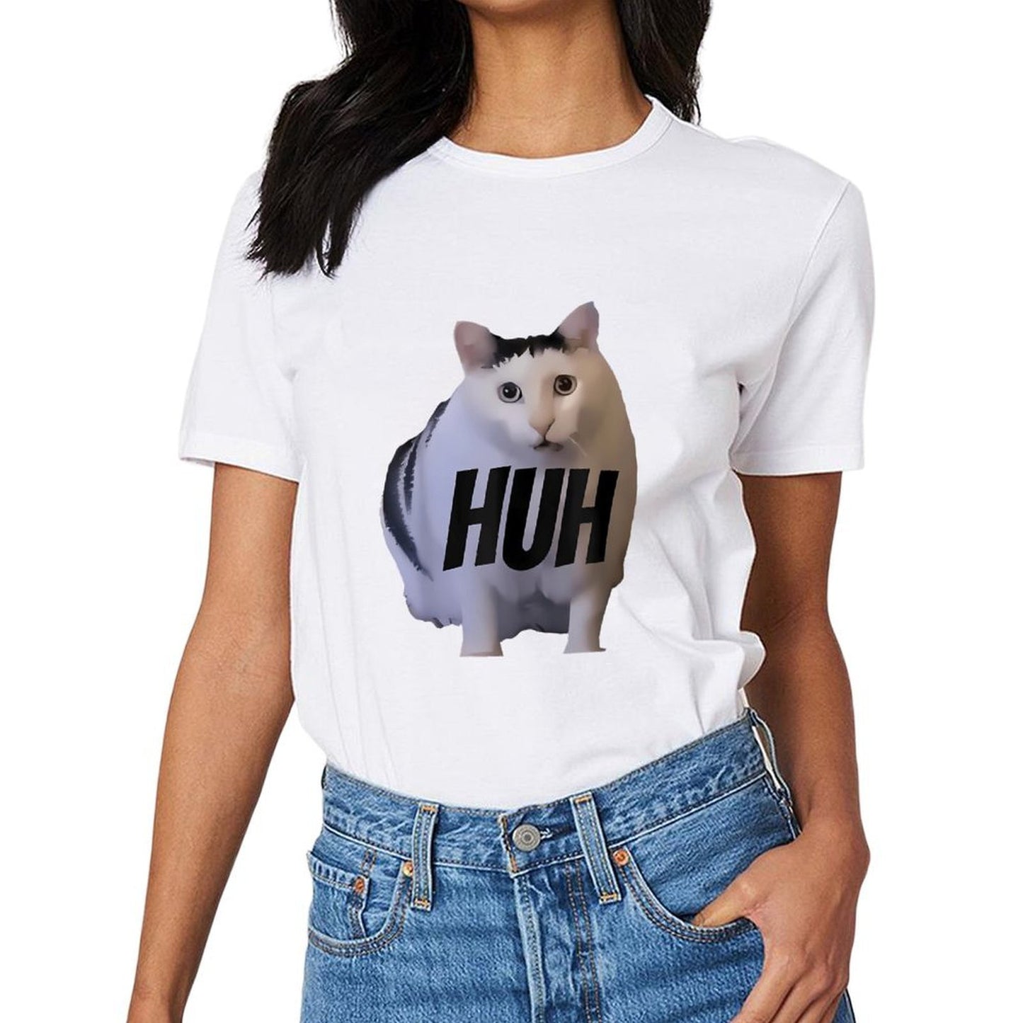 Inkmay Casual Cotton T-shirt Cat With Text Huh Overlaid Unisex T-shirtClassic Fit Original T-Shirt