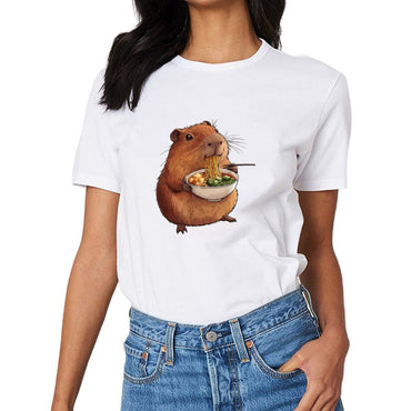 Inkmay Casual  Cotton T-shirt Cute Hamster Eating Noodles With Chopsticks Unisex T-shirtUltra Durable Retro T-Shirt