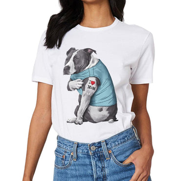 Inkmay Casual  Cotton T-shirt Dog Wears Blue Shirt Tattoo Mom Unisex T-shirtEveryday ClassicStyle T-Shirt