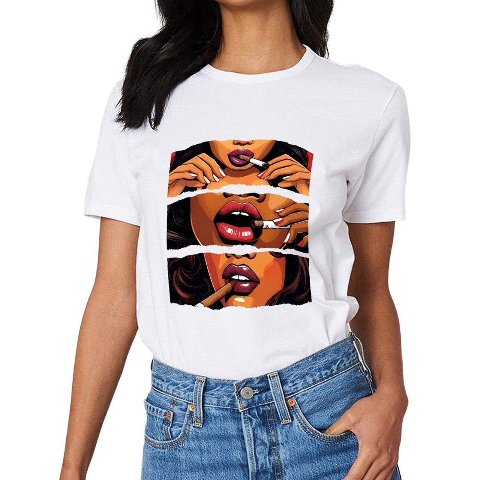 Inkmay Casual Cotton T-shirt Smoking Woman Artistic Pattern Prints Design Unisex T-shirtRecycled Natural T-Shirt