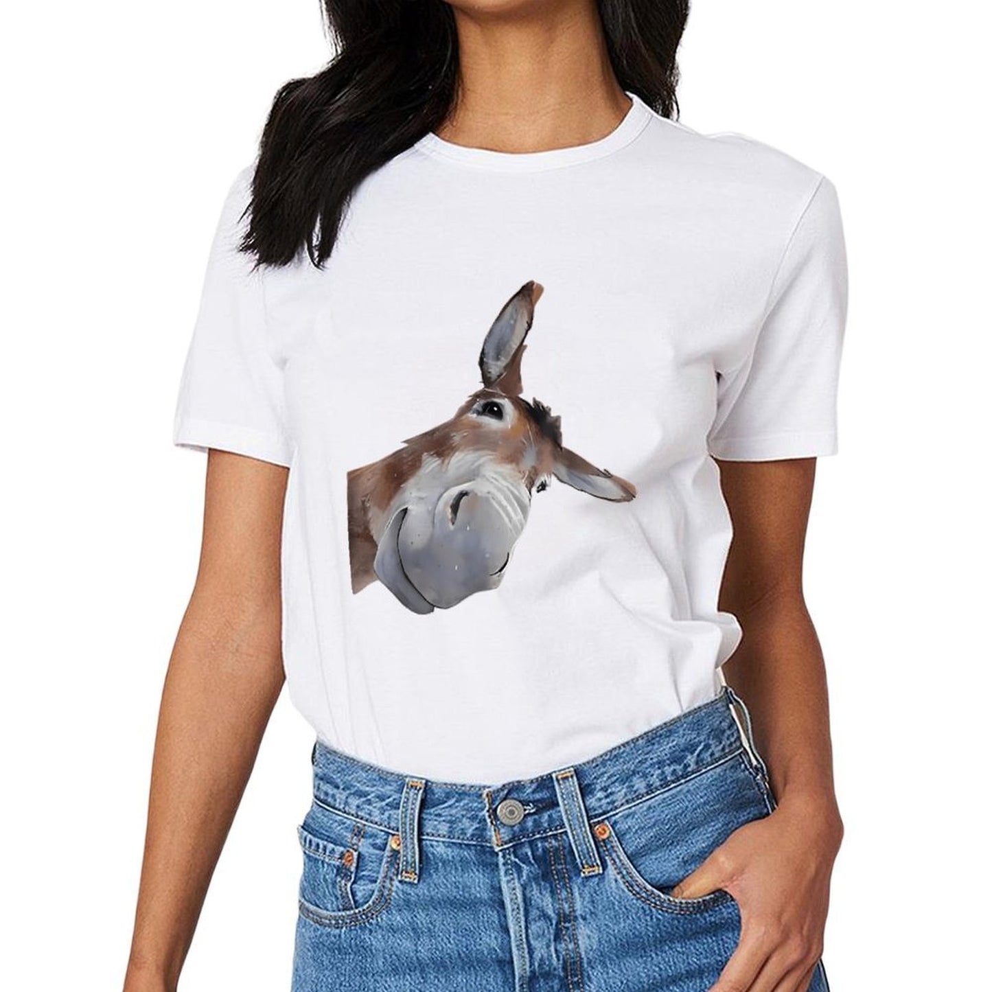 Inkmay Casual Cotton T-shirt Brown And White Donkey Head Print Unisex T-shirt