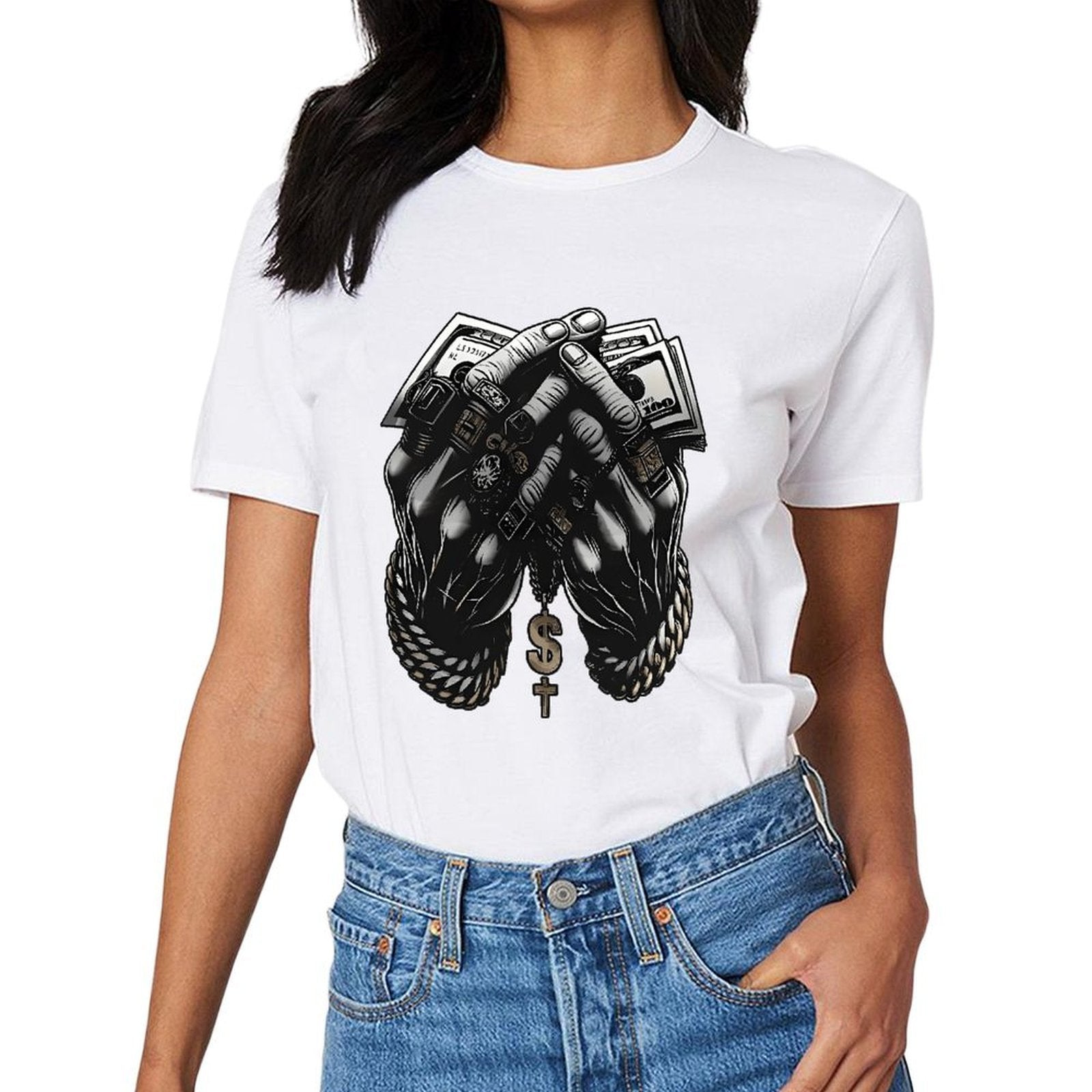 Inkmay Casual Cotton T-shirt Money Hands Rope Chain Dollar Cross Unisex T-shirtSoft SoftTouch T-Shirt