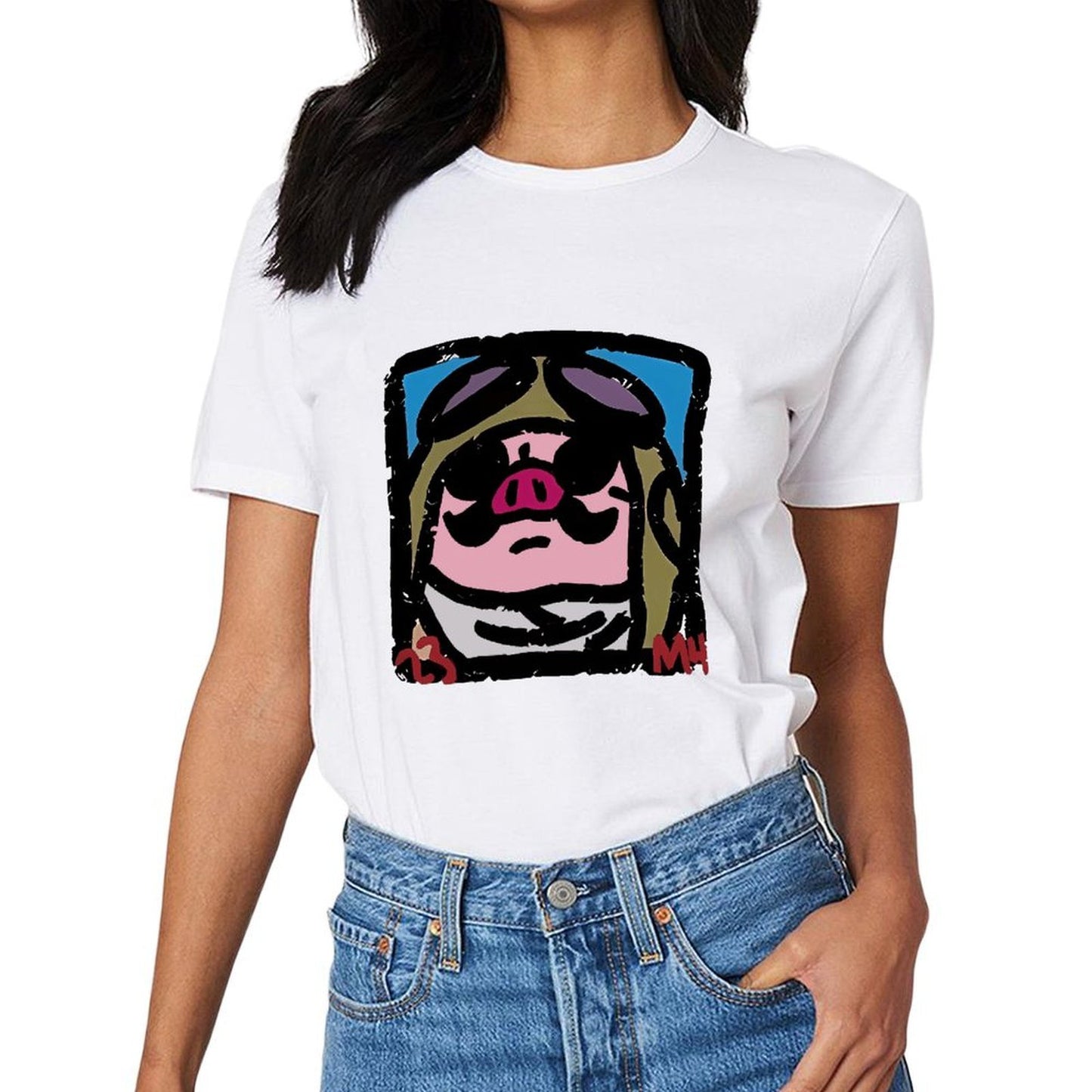 Inkmay Casual Cotton T-shirt Cartoon Pig Wearing Sunglasses And Hat Unisex T-shirt