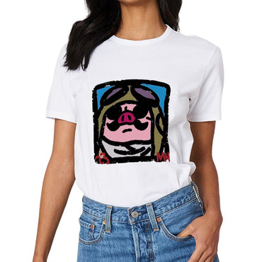 Inkmay Casual Cotton T-shirt Cartoon Pig Wearing Sunglasses And Hat Unisex T-shirt