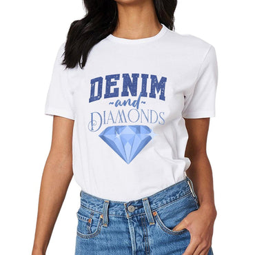 Inkmay Casual  Cotton T-shirt Denim And Diamonds Blue Gem Print Unisex T-shirtModern PureStyle T-Shirt