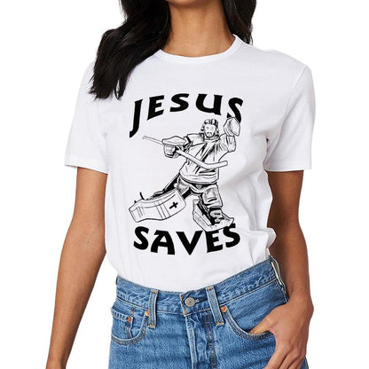 Inkmay Casual Cotton T-shirt Jesus Saves Hockey Goalie Pattern Print Unisex T-shirtClean Edges Outdoor T-Shirt