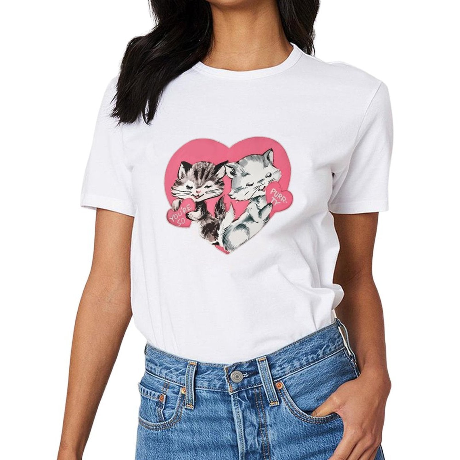 Inkmay Casual Cotton T-shirt Cute Cats Holding Hearts Pattern Prints Unisex T-shirtWeekend Lifestyle T-Shirt