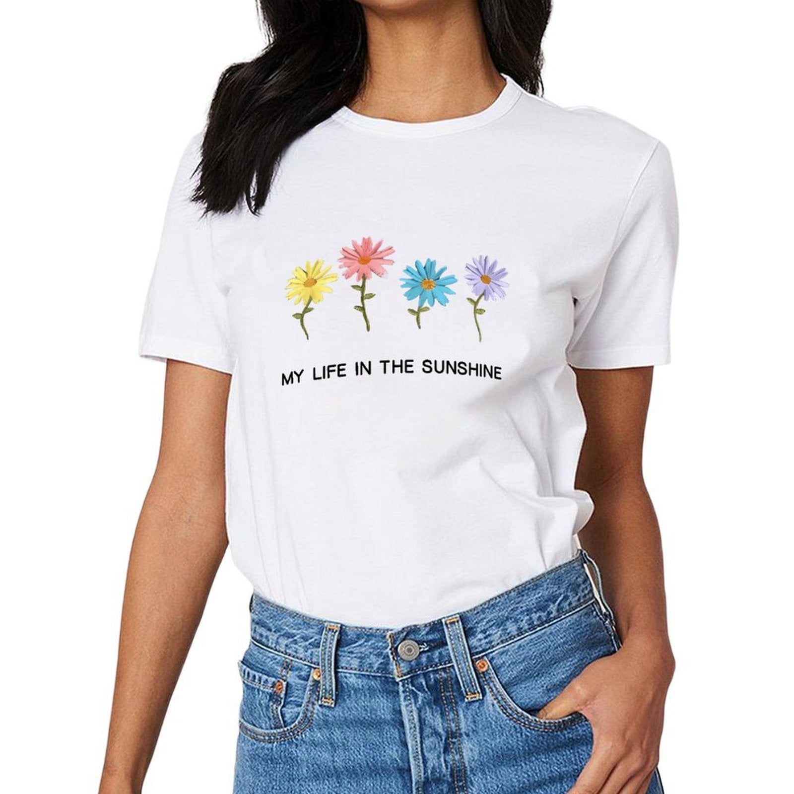 Inkmay Casual Cotton T-shirt Colorful Flowers On White Background Design Unisex T-shirtClassicSeries Tear-Resistant T-Shirt