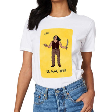 Inkmay Casual Cotton T-shirt Man Holding Machete In Yellow Background Unisex T-shirtUltra Durable Strong T-Shirt