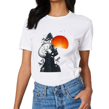 Inkmay Casual  Cotton T-shirt Abstract Human Head With Nature Elements Unisex T-shirtFresh Wrinkle-Free T-Shirt