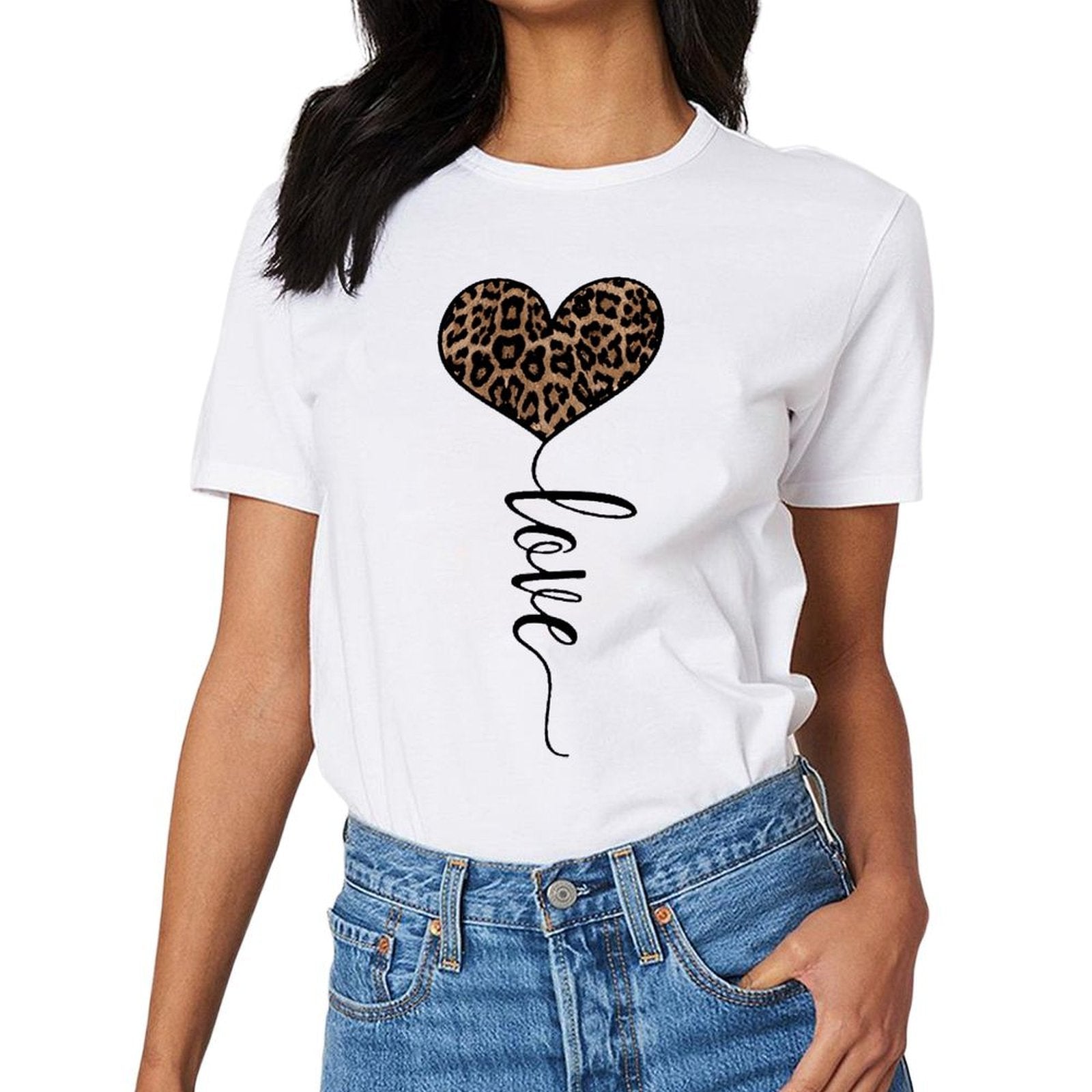 Inkmay Casual Cotton T-shirt Heart Shaped Leopard Print Love Design Unisex T-shirtSoft Double-Stitched T-Shirt