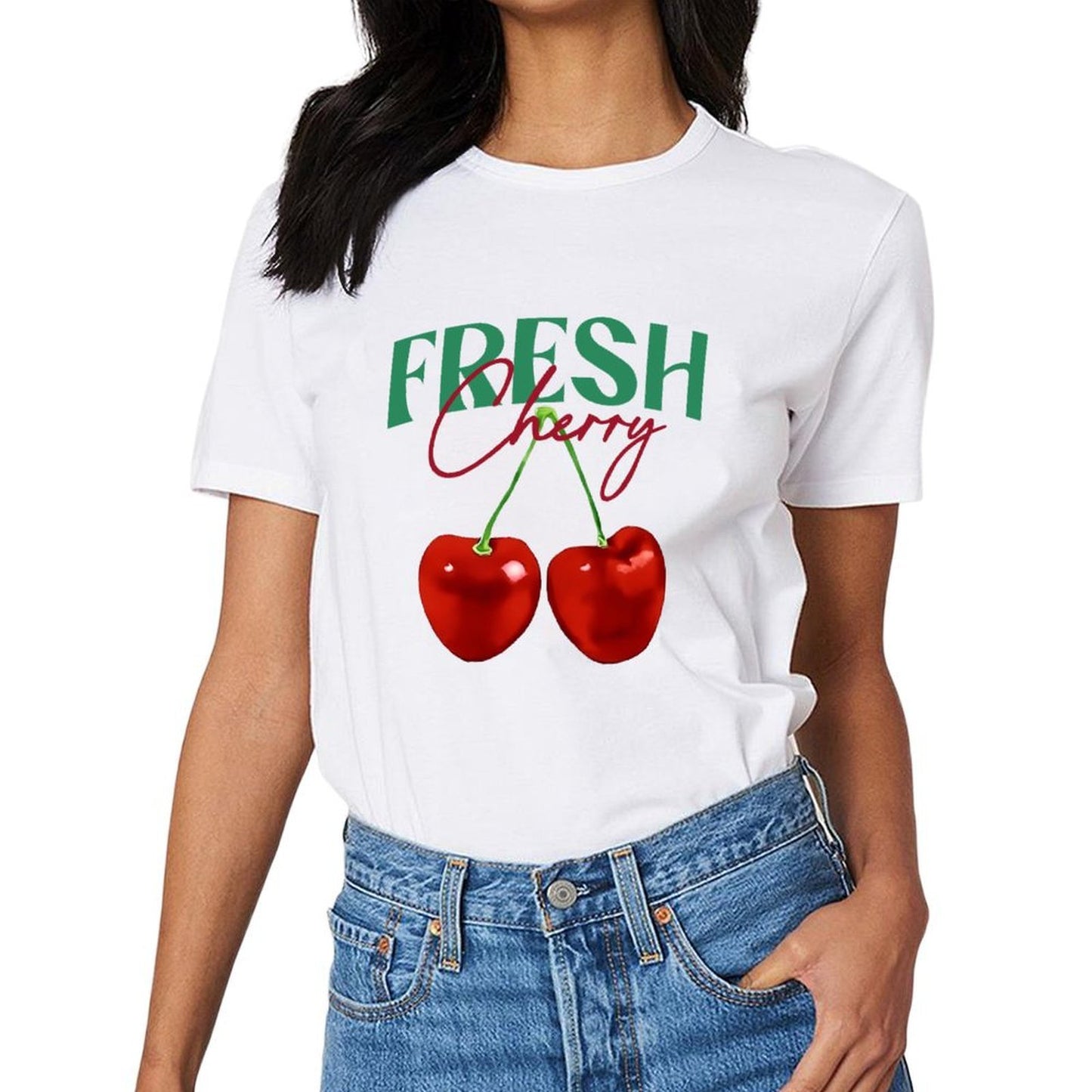 Inkmay Casual Cotton T-shirt Cherry Pattern Prints Fresh And Vibrant Unisex T-shirtBasic Plain T-Shirt