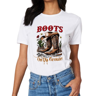Inkmay Casual  Cotton T-shirt Brown Cowboy Boots With Floral Design Unisex T-shirtVibrant Colors Reliable T-Shirt
