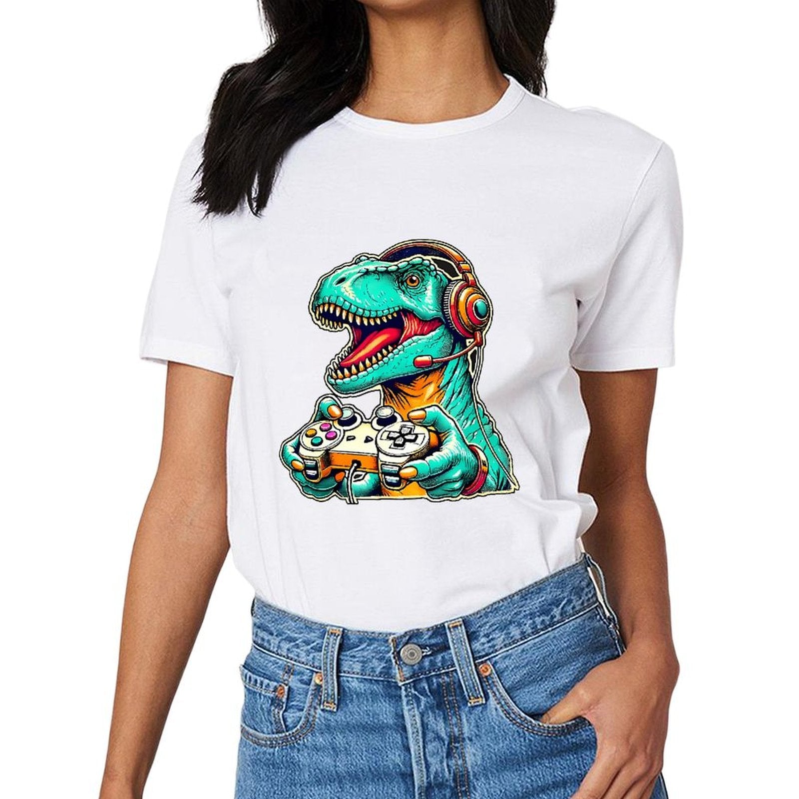 Inkmay Casual Cotton T-shirt Gaming Dinosaur With Headphones And Unisex T-shirtClassic Easy-Care T-Shirt