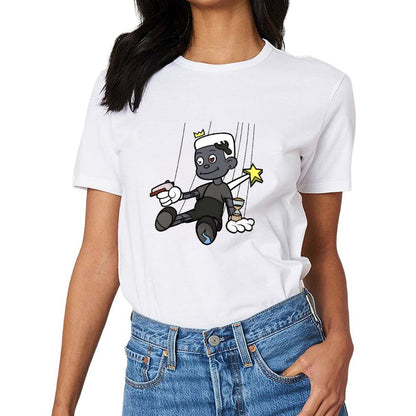 Inkmay Casual Cotton T-shirt Cartoon Puppet Holding Gun And Star Unisex T-shirt