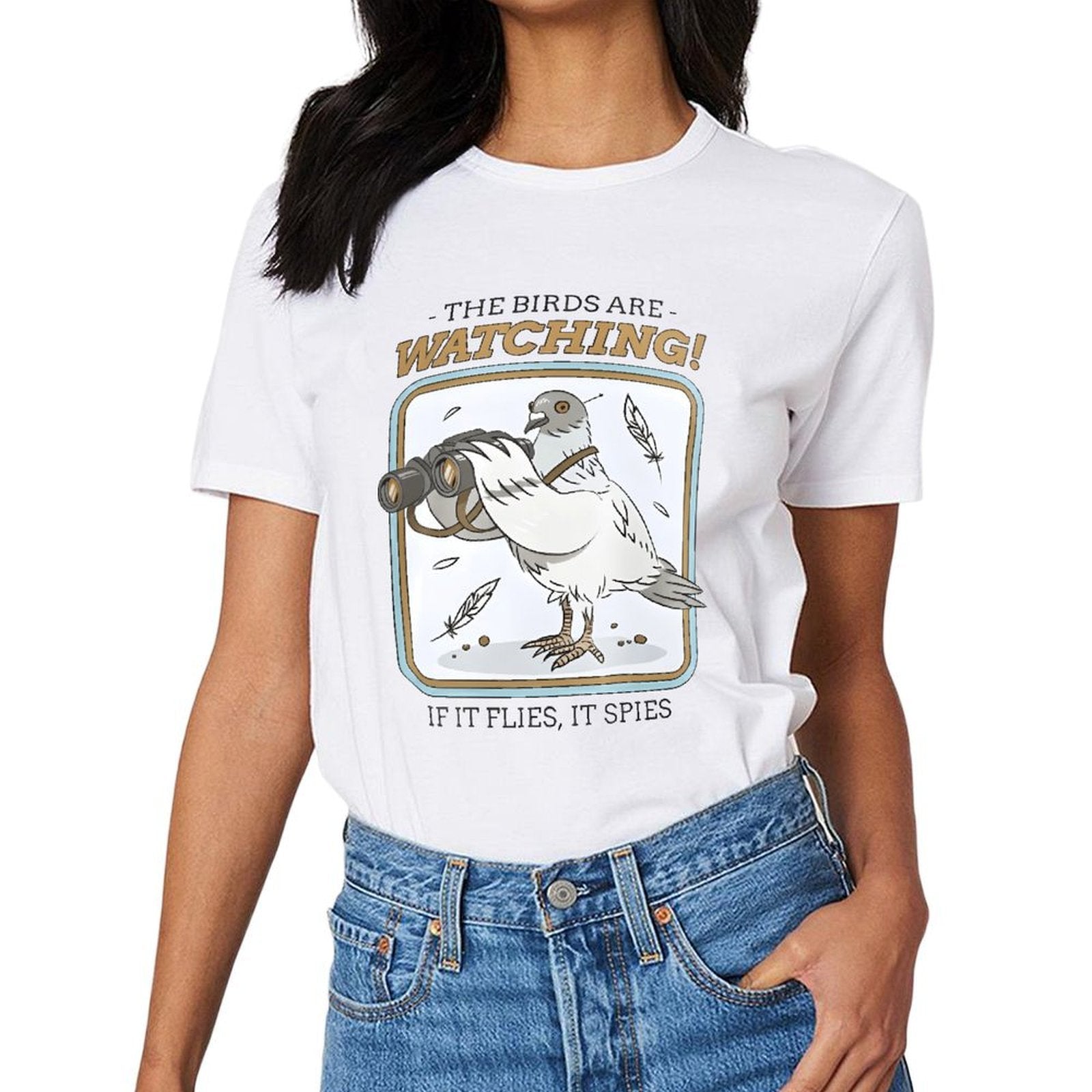 Inkmay Casual  Cotton T-shirt  Pigeon With Binoculars And Catchphrase Print Unisex T-shirtTrueComfort Shrink-Resistant T-Shirt