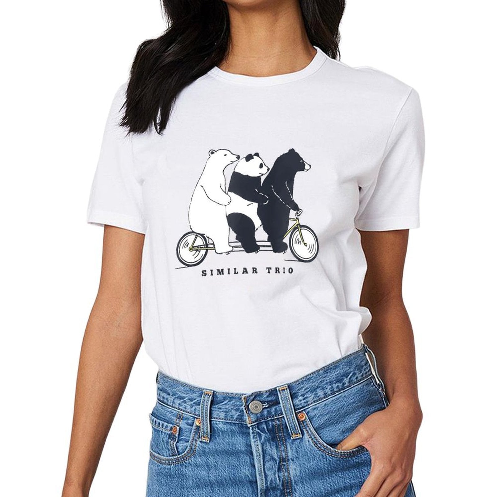 Inkmay Casual Cotton T-shirt Three Bears Riding A Bicycle Together Unisex T-shirtRecycled Midweight T-Shirt