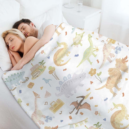 Dinosaur Print Blanket White with Multicolor Dinosaurs and Moon Pattern for Cozy Bedding