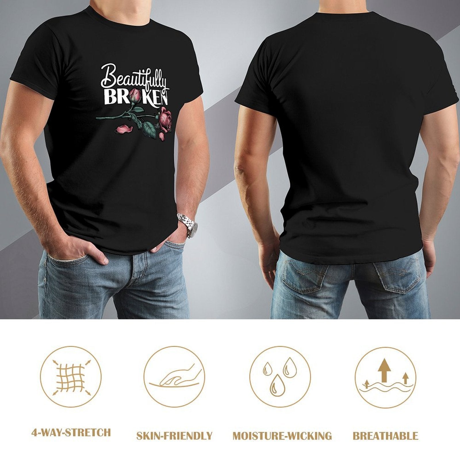 Inkmay Casual  Cotton T-shirt Beautifully Broken Roses On Dark Background Unisex T-shirtClassic Fit Series T-Shirt
