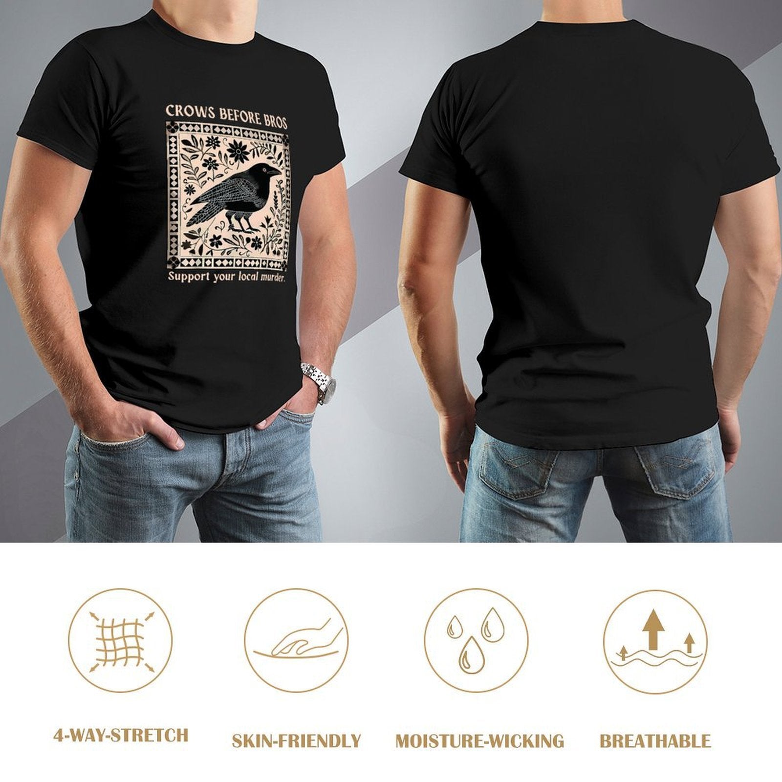 Inkmay Casual  Cotton T-shirt Bird Floral Design On Beige Background Unisex T-shirtTrueFit Midweight T-Shirt