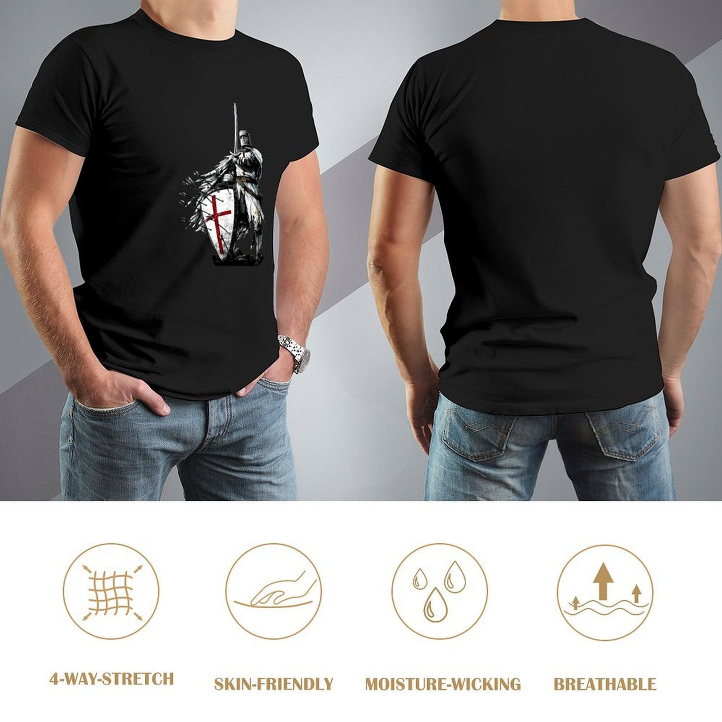 Inkmay Casual  Cotton T-shirt Knight In Armor Holding Shield Sword Unisex T-shirtOn-Demand Batch-Printed T-Shirt
