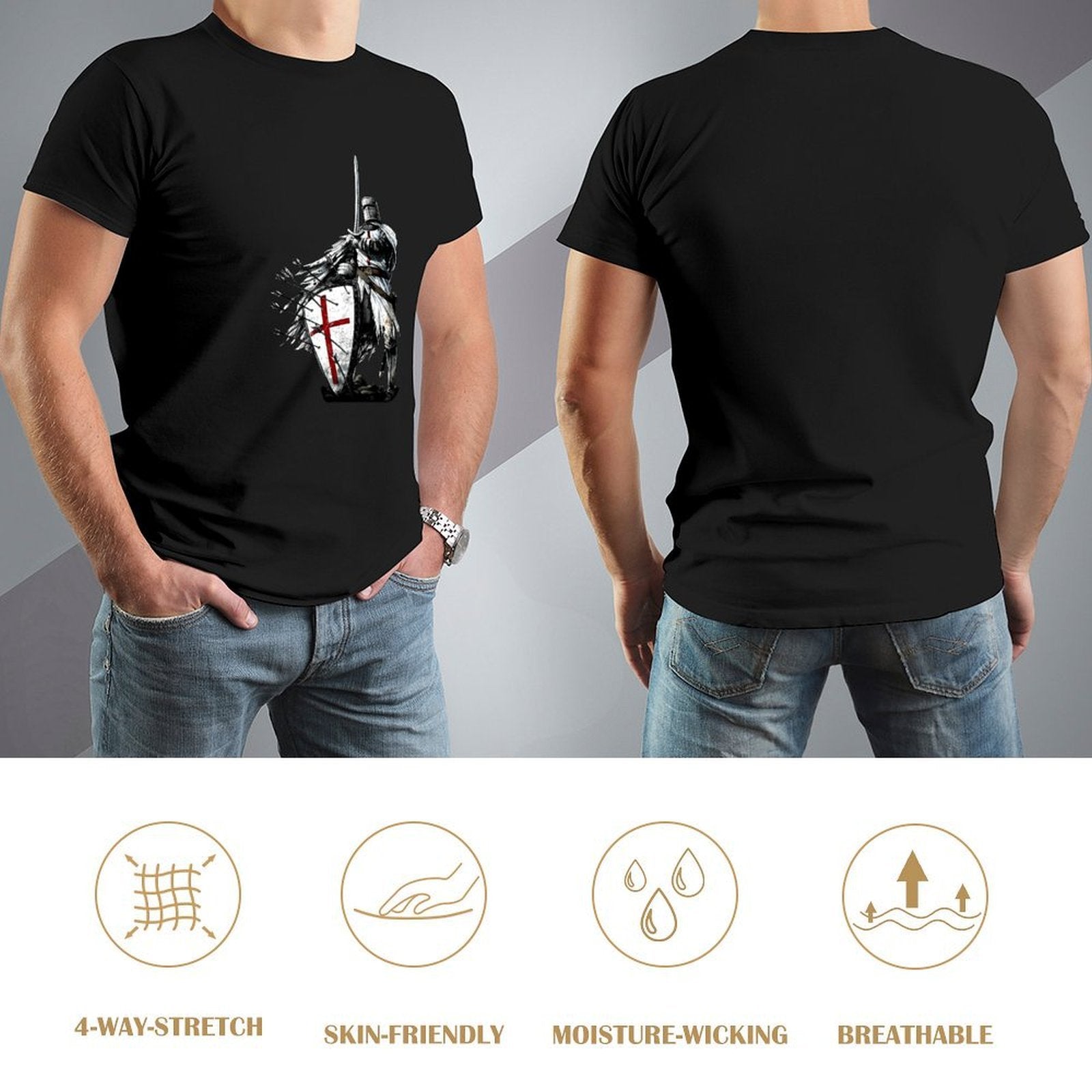 Inkmay Casual  Cotton T-shirt Knight In Armor Holding Shield Sword Unisex T-shirtOn-Demand Batch-Printed T-Shirt
