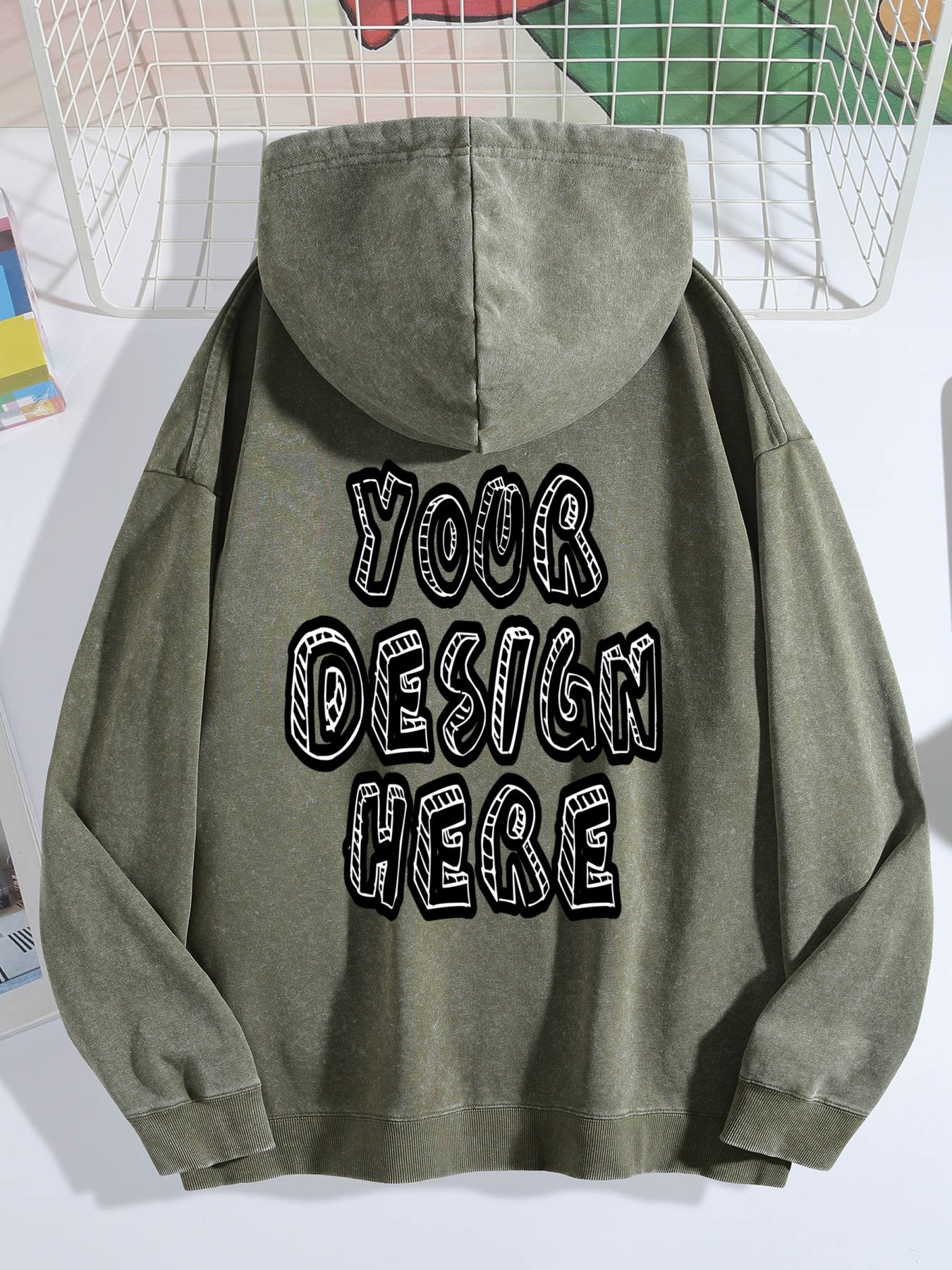 Washed Vintage Hoodie Without Drawstring - Teal back view.