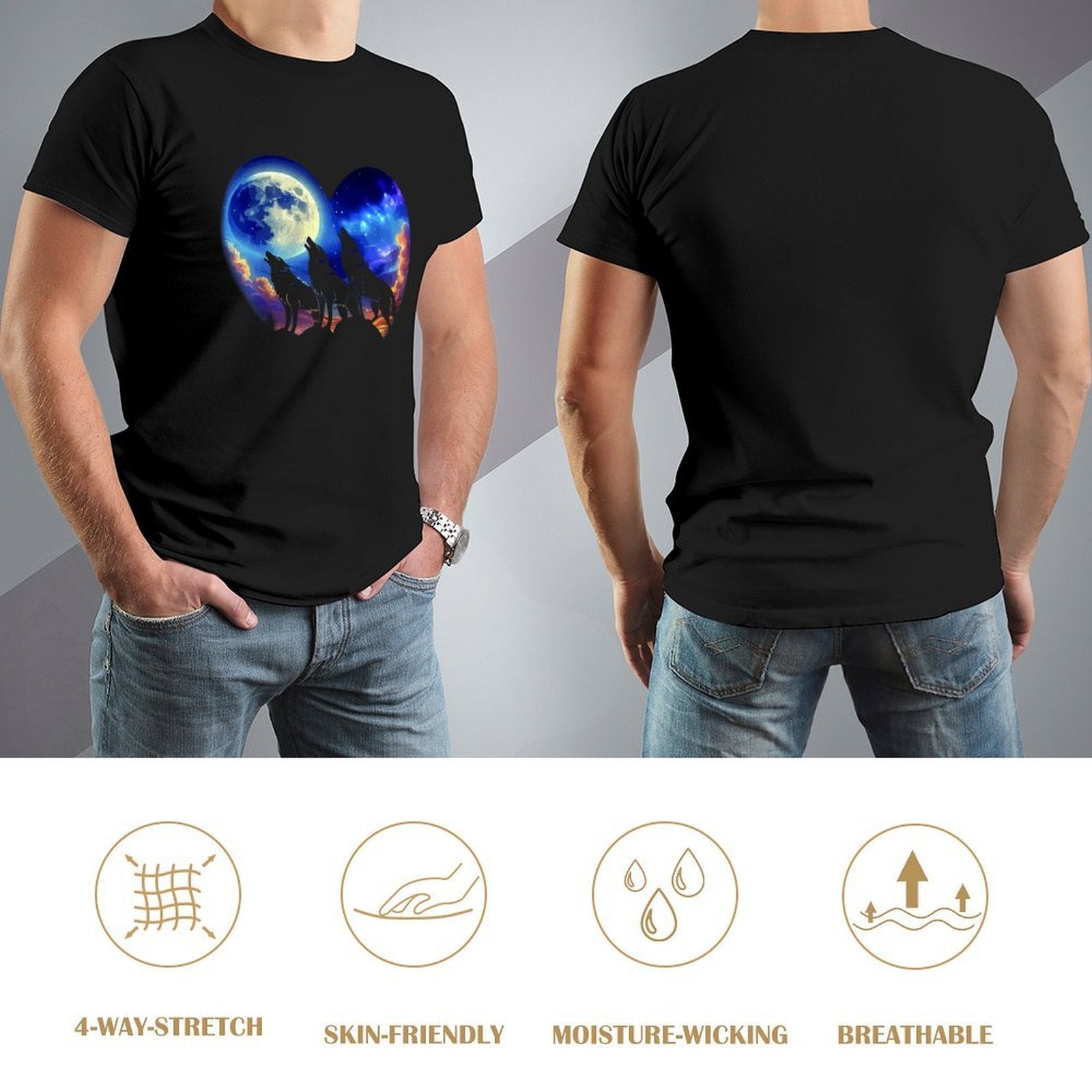 Inkmay Casual  Cotton T-shirt Wolves Howling Under Moonlit Night Sky Unisex T-shirtClassicSeries Fade-Proof T-Shirt