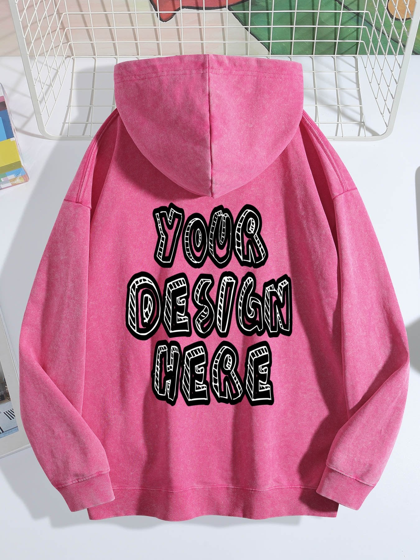 Washed Vintage Hoodie Without Drawstring - Bright Pink back view.