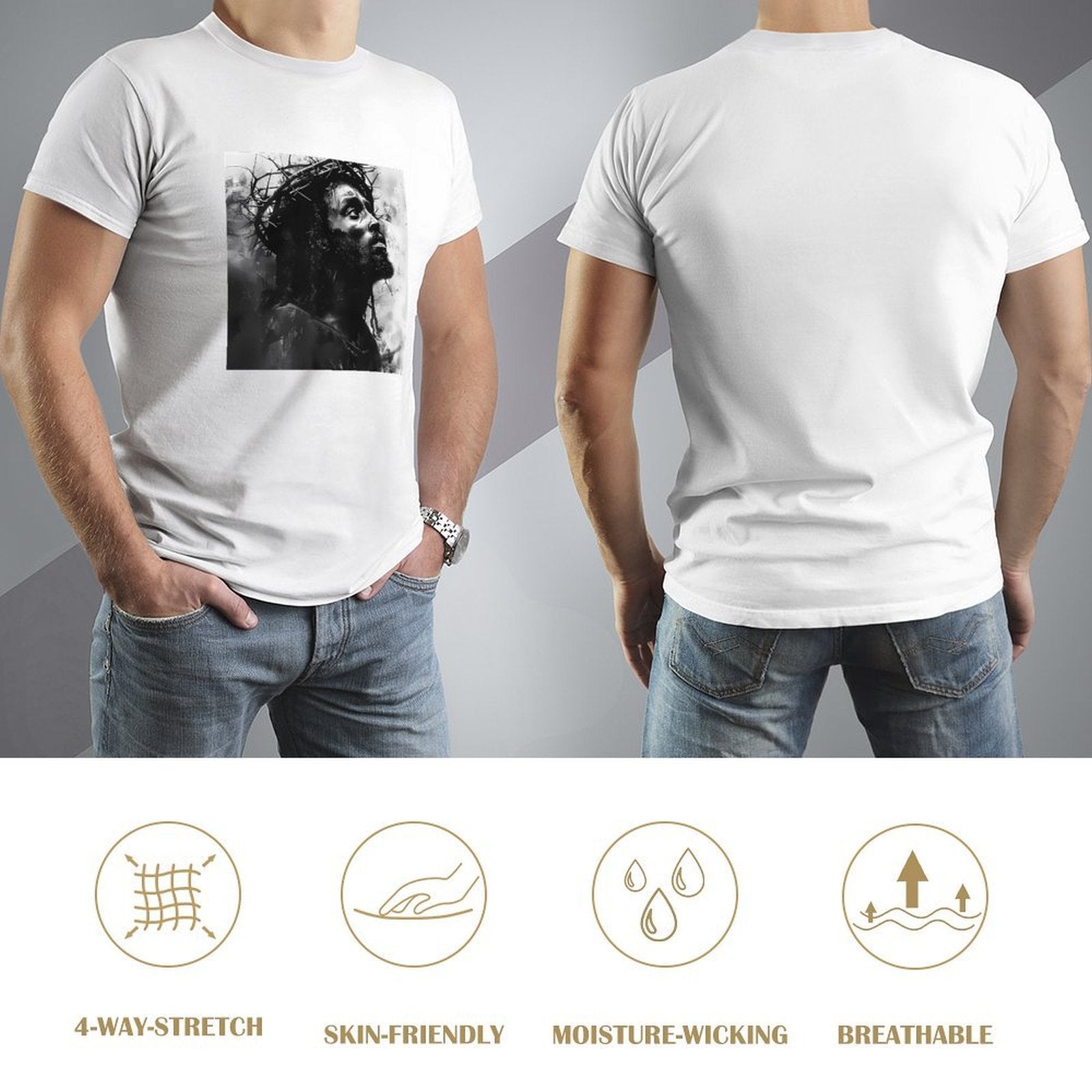 Inkmay Casual  Cotton T-shirt Artistic Jesus With Crown Of Thorns Unisex T-shirtClassic Fit Crisp Print T-Shirt