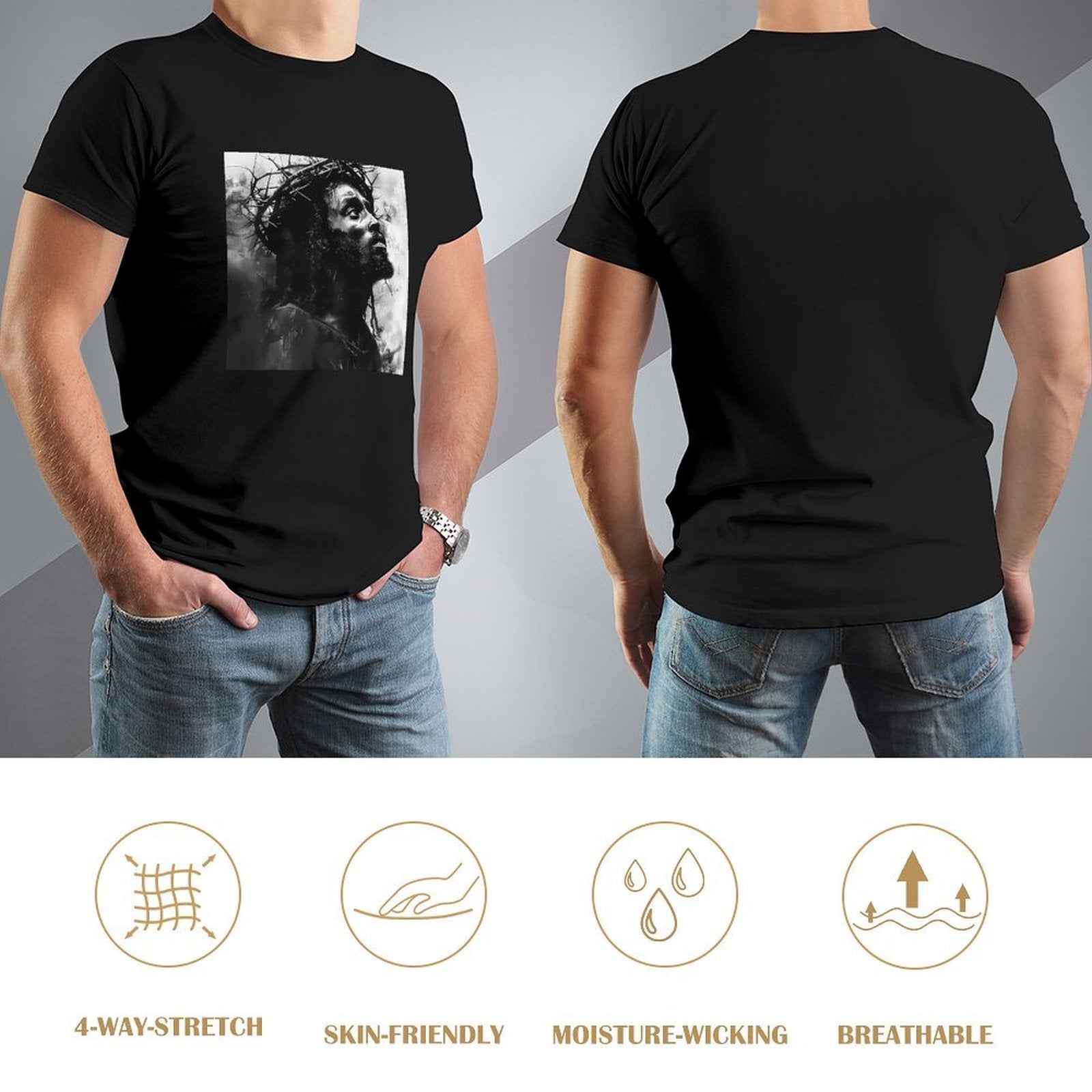 Inkmay Casual  Cotton T-shirt Artistic Jesus With Crown Of Thorns Unisex T-shirtClassic Fit Crisp Print T-Shirt