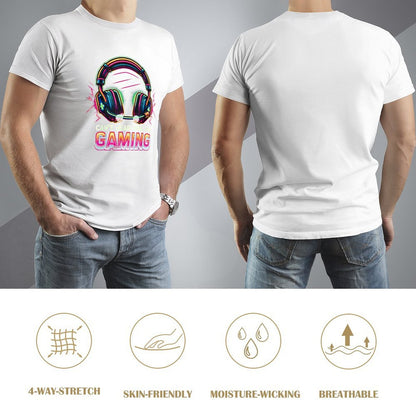Inkmay Casual  Cotton T-shirt Gaming Headphones Neon Colors Bright Design Unisex T-shirtMoisture-Wicking Natural T-Shirt