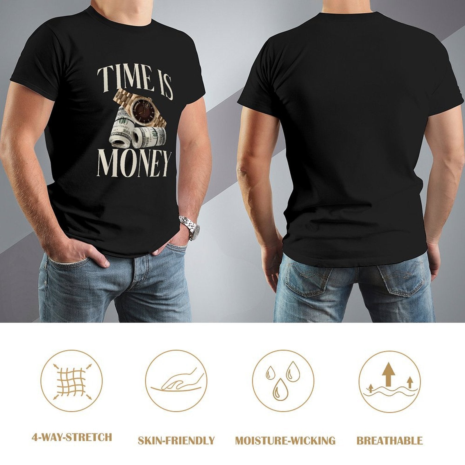Inkmay Casual  Cotton T-shirt Time Is Money Watch And Dollars Unisex T-shirtRetro Original T-Shirt