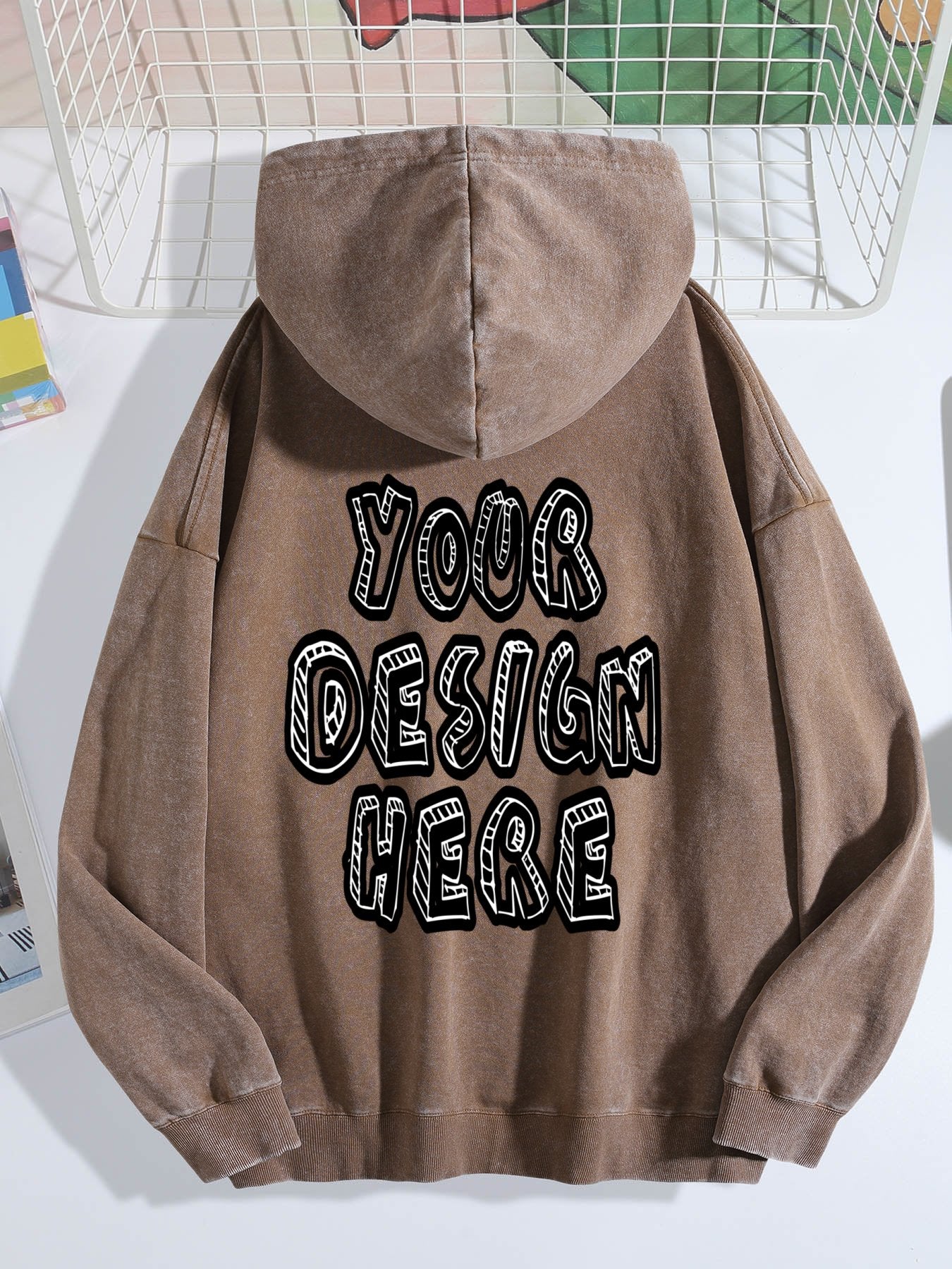 Washed Vintage Hoodie Without Drawstring - Coffee Brown back view.