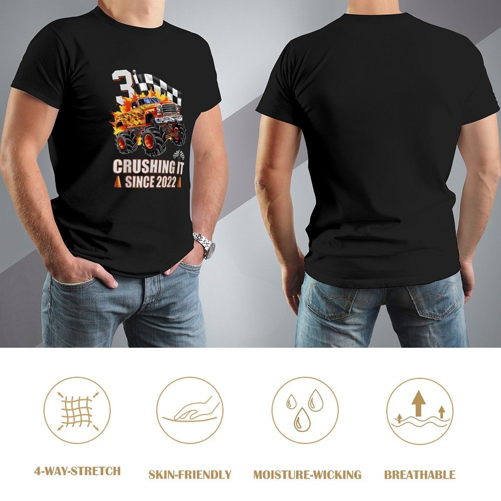 Inkmay Casual  Cotton T-shirt Monster Truck With Fire Flames Unisex T-shirtNeutral SoftLine T-Shirt
