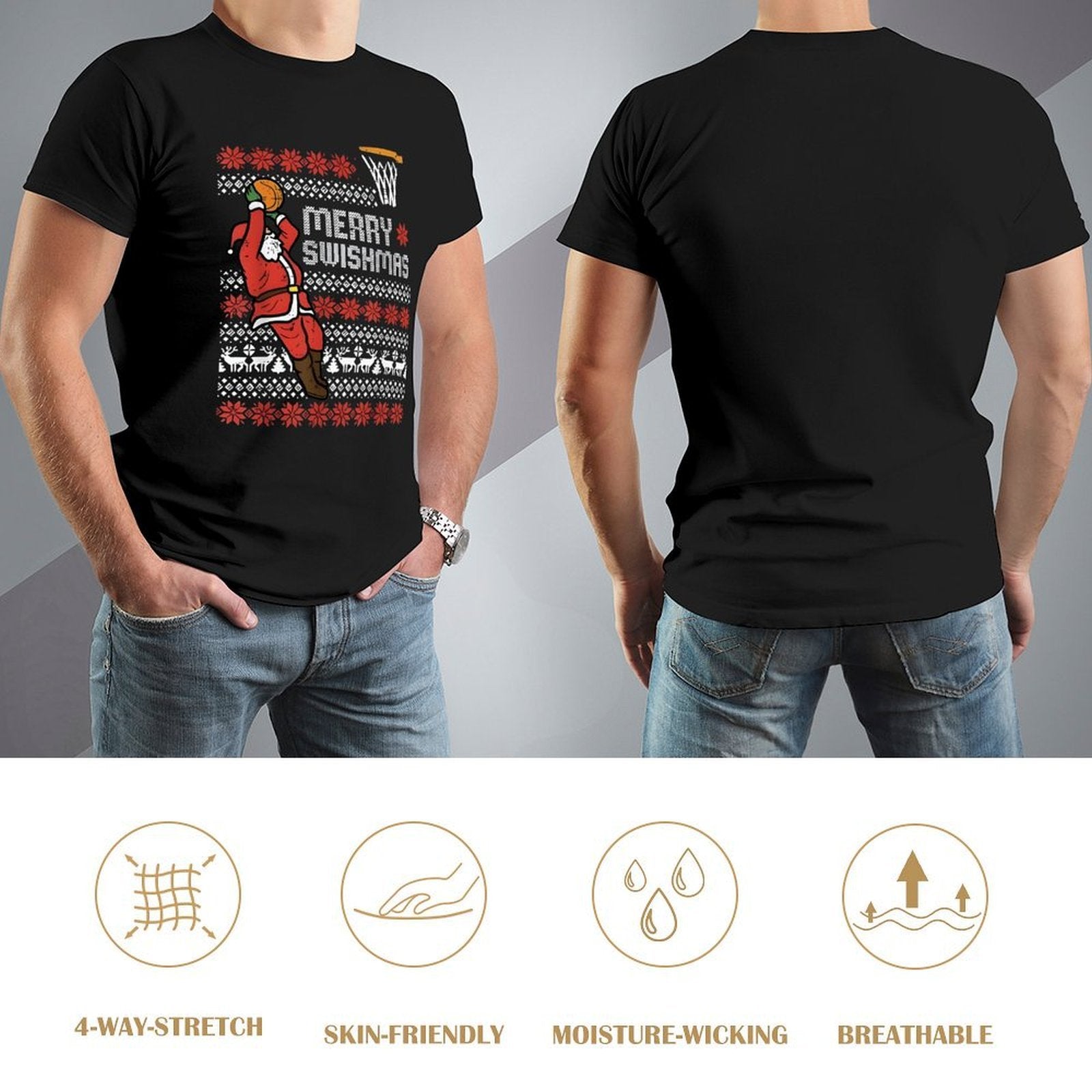 Inkmay Casual  Cotton T-shirt Merry Swishmas Santa Plays Basketball Pattern Unisex T-shirtClassic EverydaySeries T-Shirt