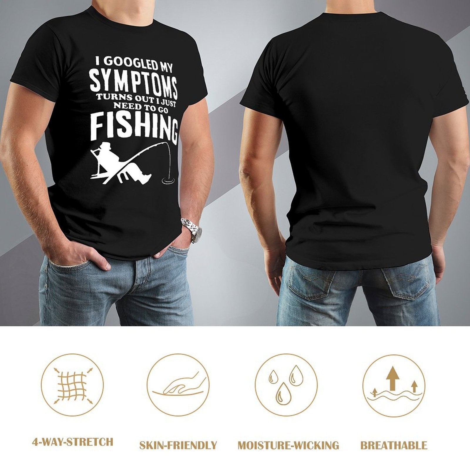 Inkmay Casual  Cotton T-shirt Fishing Theme Print On Black Background Unisex T-shirtTear-Resistant Wrinkle-Free T-Shirt