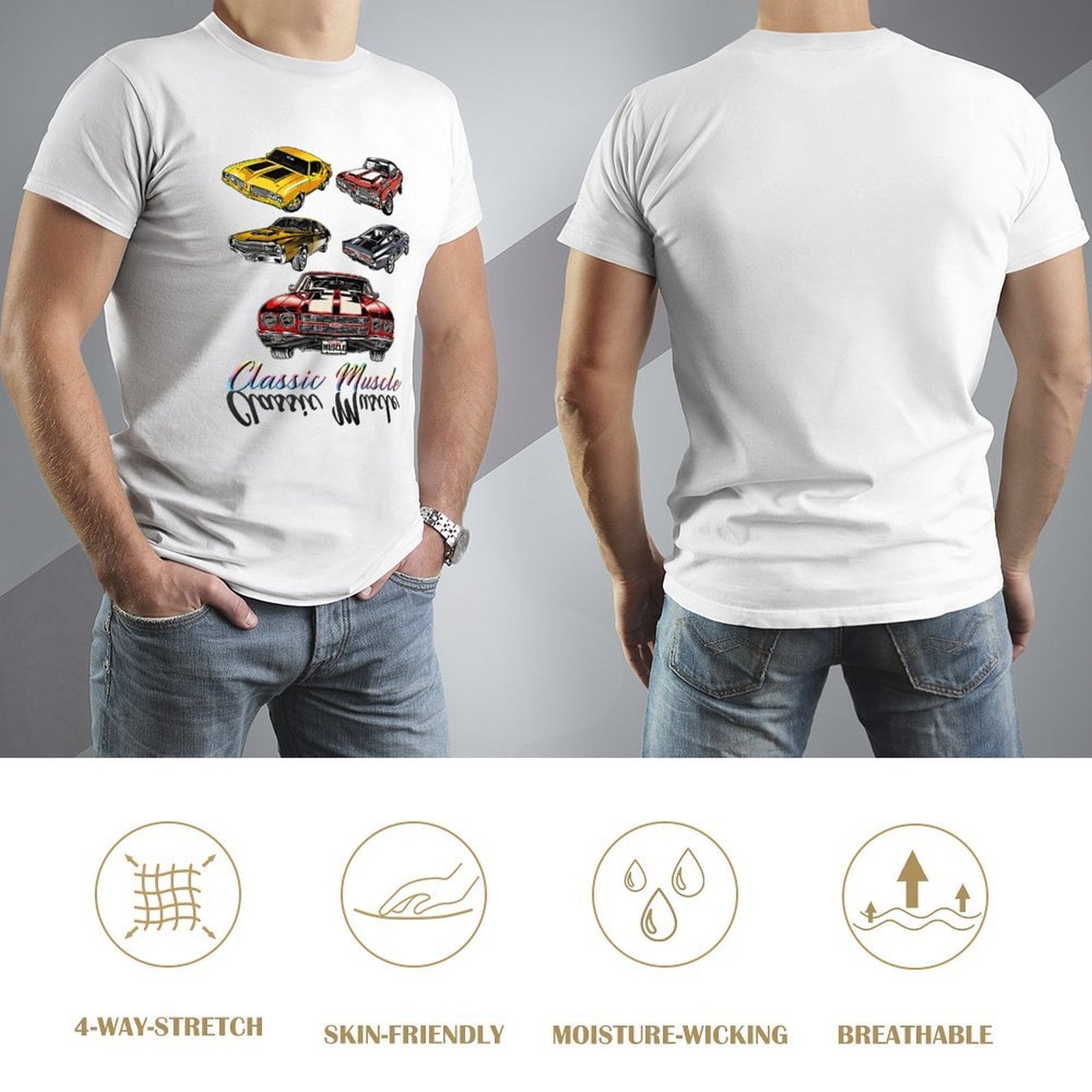 Inkmay Casual  Cotton T-shirt Classic Muscle Cars Pattern Prints Design Unisex T-shirtActiveWear Wrinkle-Free T-Shirt