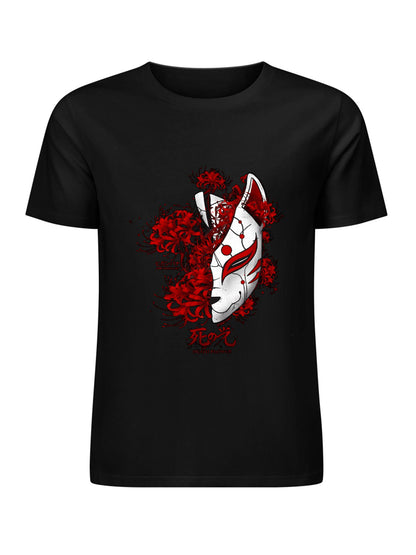 Inkmay Casual Cotton T-shirt Fox Mask With Red Flowers Art Unisex T-shirtVintage TrueStyle T-Shirt