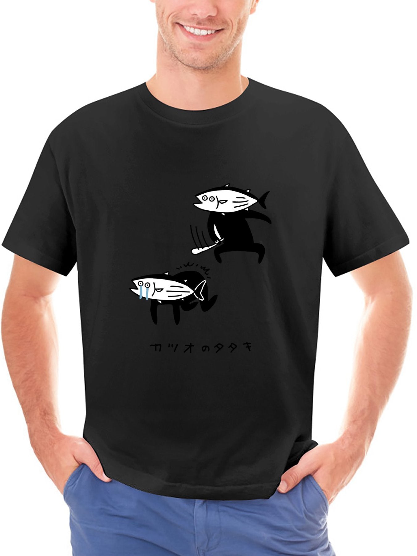 Inkmay Casual Cotton T-shirt Fish Pattern Prints On Black Background Unisex T-shirtTimelessStyle SimpleFit T-Shirt