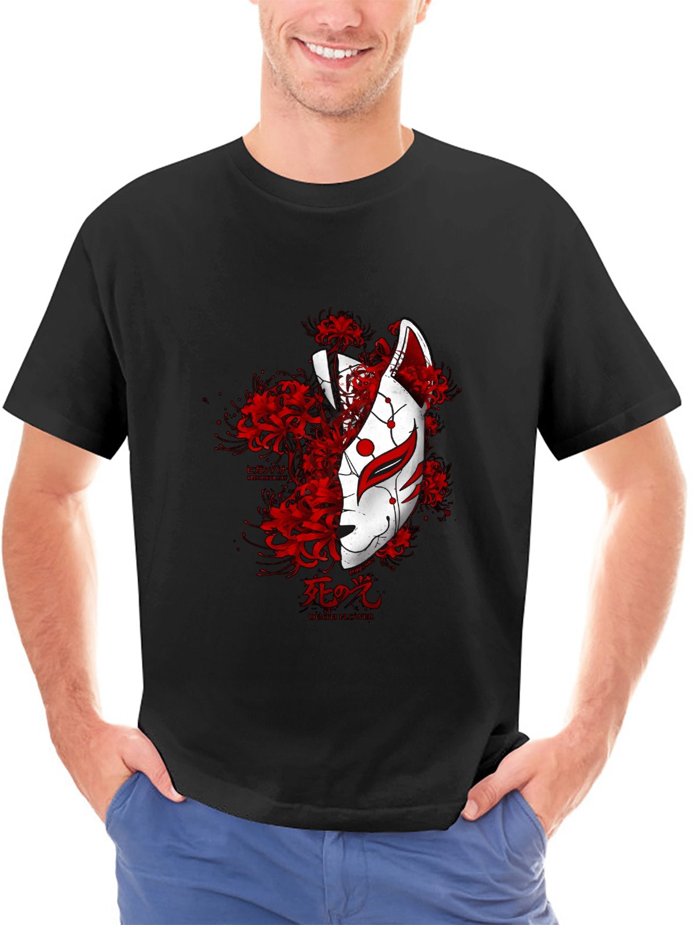 Inkmay Casual Cotton T-shirt Fox Mask With Red Flowers Art Unisex T-shirtVintage TrueStyle T-Shirt