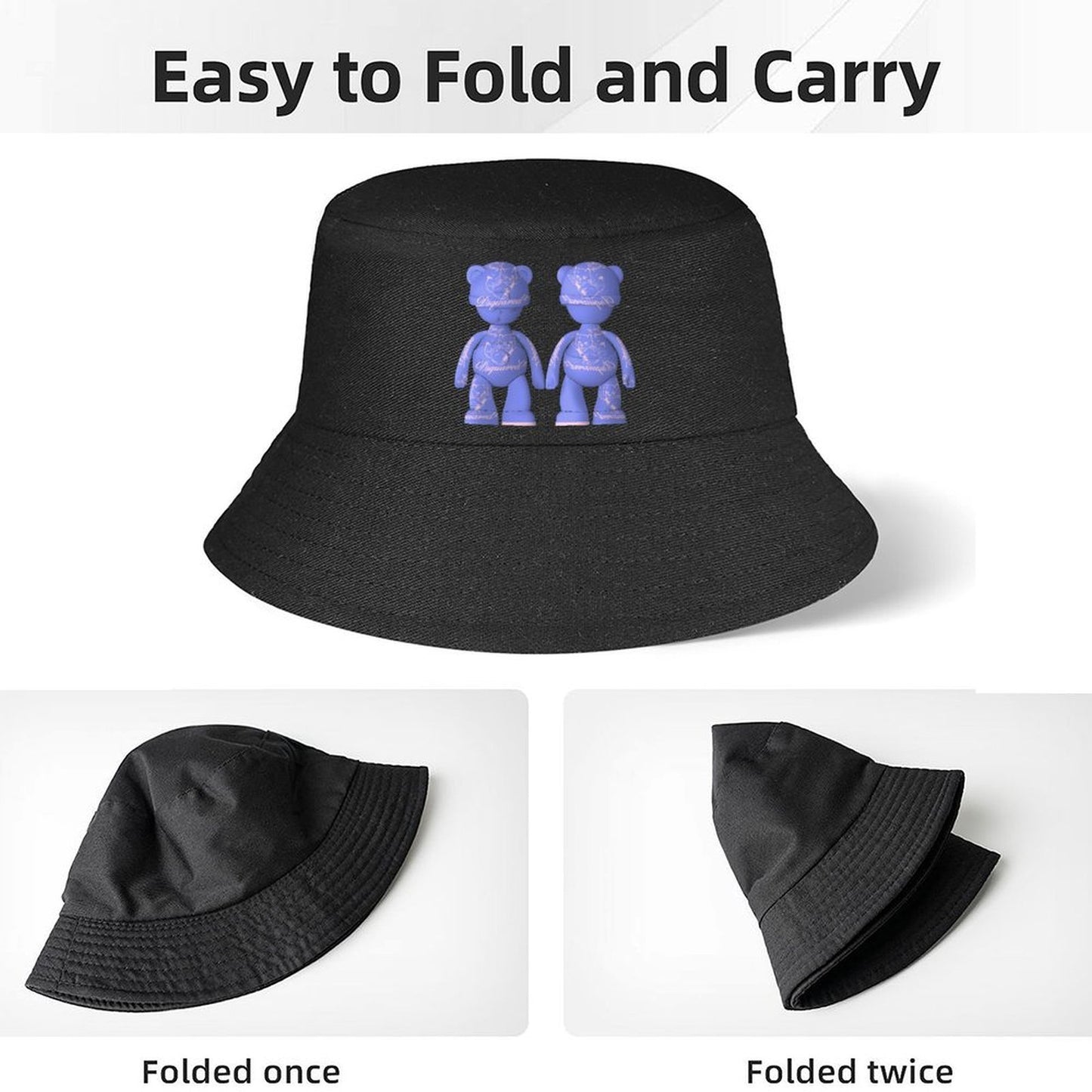 Street Fashion Black Bucket Hat with Artwork Print