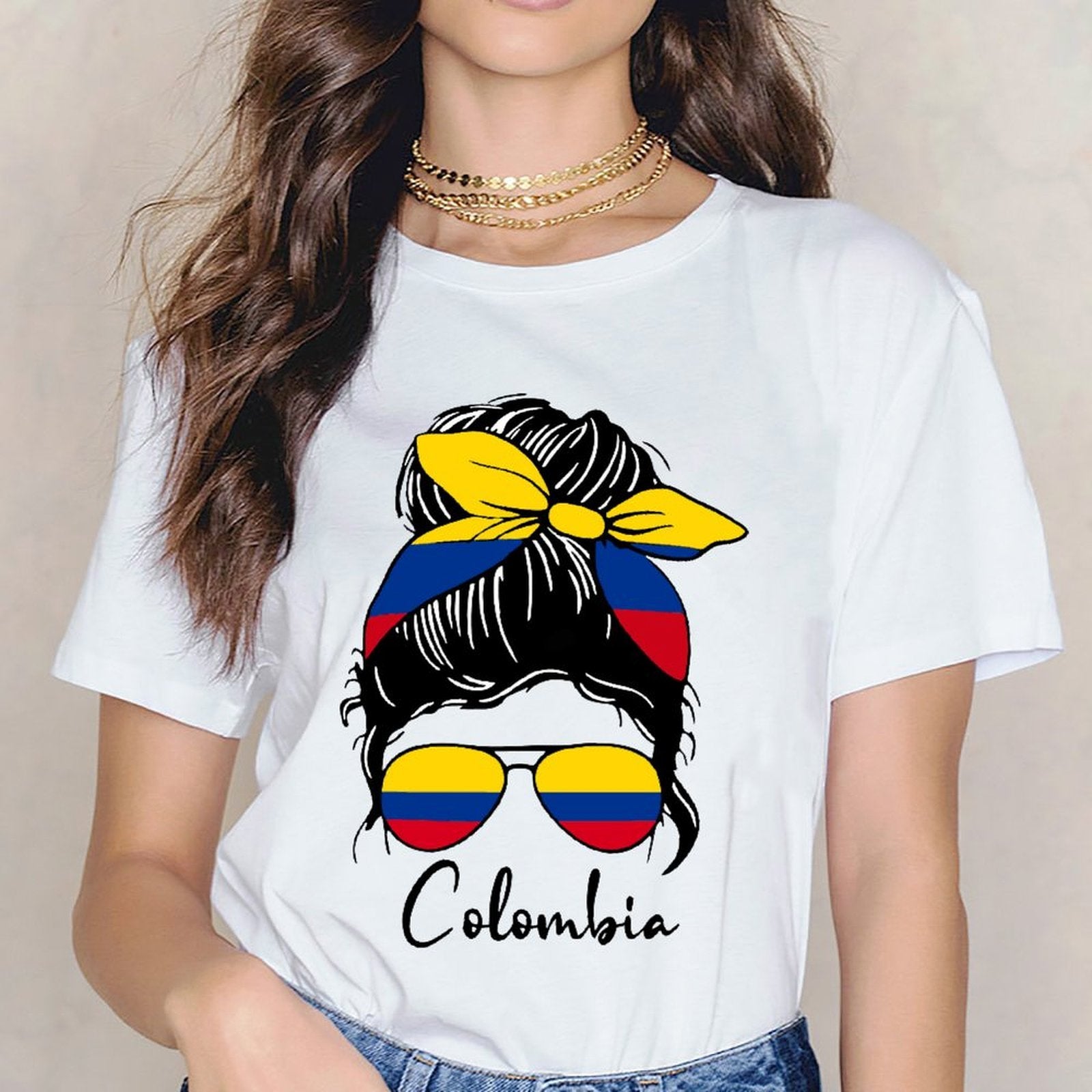 Inkmay Casual Cotton T-shirt Colombian Flag Pattern On Sunglasses Bandana Unisex T-shirtYearRound Performance T-Shirt