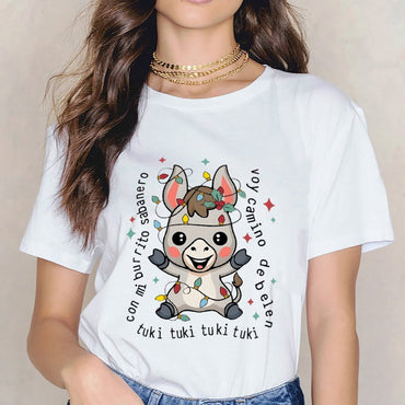 Inkmay Casual Cotton T-shirt Cute Unicorn With Festive Lights Decor Unisex T-shirtSport Natural T-Shirt
