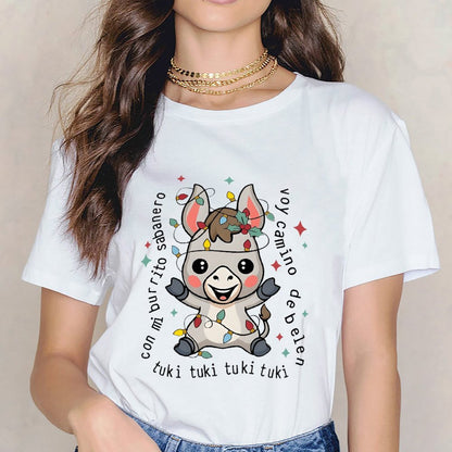 Inkmay Casual Cotton T-shirt Cute Unicorn With Festive Lights Decor Unisex T-shirtSport Natural T-Shirt