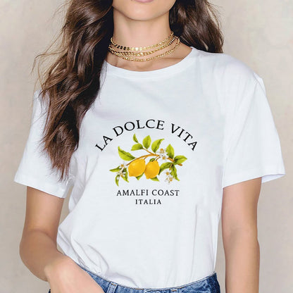 Inkmay Casual Cotton T-shirt Lemon Blossom Branch With Green Leaves Unisex T-shirtSimple Relaxed Fit T-Shirt