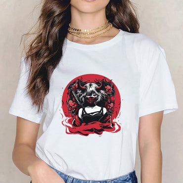 Inkmay Casual  Cotton T-shirt Demon Woman With Red Dragons Unisex T-shirtSmooth Classic T-Shirt