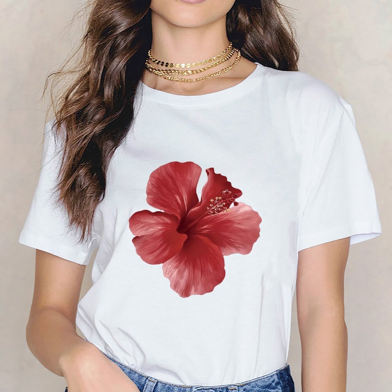 Inkmay Casual Cotton T-shirt Vivid Red Hibiscus Flower Art Print Unisex T-shirtPremium Finish Smooth Feel T-Shirt